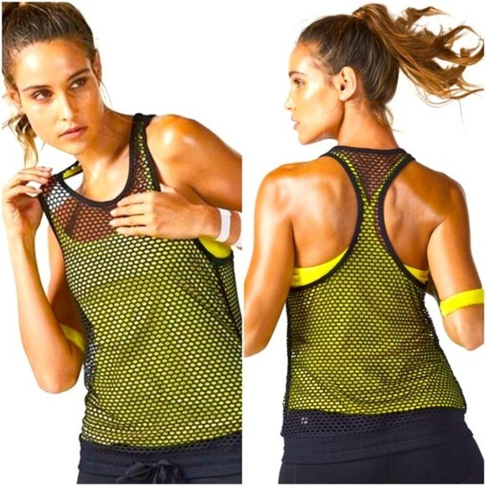 NWT Fabletics Neon Carly Workout Tank and Fishnet Cover XL Neon Yellow #3405